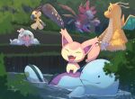 bush cat claws closed_mouth day dragonite fangs floating gen_1_pokemon gen_2_pokemon gen_3_pokemon gen_5_pokemon gen_8_pokemon hattrem highres holding hydreigon looking_back mawile no_humans nullma open_mouth outdoors pokemon pokemon_(creature) quagsire red_eyes riding_pokemon ripples signature sitting skitty smile solid_oval_eyes tongue water |d 