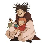  3boys =_= bangs black_eyes black_hair black_scarf blush brown_hair child choso_(jujutsu_kaisen) closed_eyes closed_mouth eso_(jujutsu_kaisen) facial_tattoo full_body holding holding_phone hood hood_down hoodie indian_style itadori_yuuji iwashi_(iwashi008) japanese_clothes jujutsu_kaisen kechizu_(jujutsu_kaisen) kimono long_sleeves male_focus monster multiple_boys open_mouth phone red_hoodie scarf short_hair short_twintails simple_background sitting socks sparkle spiked_hair tattoo twintails undercut white_background white_kimono yellow_eyes younger 