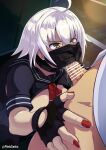  1boy 1girl ahoge alternate_costume bangs black_serafuku black_shirt breasts breasts_outside fate/grand_order fate_(series) fellatio fellatio_under_mask fingerless_gloves gloves hetero jeanne_d&#039;arc_(alter)_(fate) jeanne_d&#039;arc_(fate)_(all) large_breasts mask mouth_mask oral pink_seito red_nails school_uniform serafuku shirt short_hair short_sleeves silver_hair solo_focus sukeban yellow_eyes 