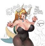  1girl absurdres bare_shoulders black_legwear black_leotard black_nails blonde_hair blue_eyes bowsette bracelet breasts cleavage collar covered_navel cowboy_shot english_text eyebrows_visible_through_hair hair_between_eyes hands_up heart highres horns huge_breasts jewelry kaitsu_tokiyas leotard long_hair looking_at_viewer mario_(series) new_super_mario_bros._u_deluxe open_mouth pantyhose pointy_ears ponytail solo speech_bubble spiked_bracelet spiked_collar spiked_tail spikes super_crown tail turtle_shell white_background 