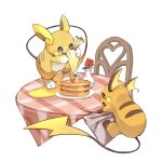  alolan_form alolan_raichu chair commentary_request dlitw flower food gen_1_pokemon gen_7_pokemon highres holding no_humans open_mouth pancake plate pokemon pokemon_(creature) raichu red_flower smile syrup table toes vase 