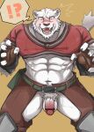  ?! abs anthro balls blush chaps embarrassed felid flaccid fur genitals grimoire_of_zero hi_res koginoro_28 male mammal mercenary_(character) navel pantherine penis pubes revealing_clothes solo tiger white_body white_fur 