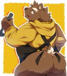  2021 anthro apron black_nose boar_stag144 brown_body brown_fur butt clothing fur hi_res hoodie humanoid_hands kemono male mammal slightly_chubby solo topwear ursid 