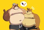  2021 absurd_res anthro belly brown_body bulge canid canine clothing duo hi_res lutrine male mammal moobs mustelid navel nipples overweight overweight_male raccoon_dog simple_background smashbeaw tanuki underwear 