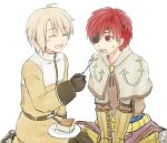  2boys acolyte_(ragnarok_online) armored_boots bangs belt blonde_hair boots brown_footwear brown_gloves brown_pants brown_shirt brown_shorts capelet cassock cheesecake closed_eyes commentary_request cross_scar eyebrows_visible_through_hair feeding food fork full_body gloves hair_between_eyes holding holding_fork indian_style long_sleeves looking_at_another misuguu multiple_boys open_mouth pants ragnarok_online red_eyes red_hair scar scar_on_face seiza shirt short_hair shorts simple_background sitting standing swordsman_(ragnarok_online) white_background white_capelet 