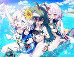  &gt;:q +_+ 3girls animal animal_hug antenna_hair aqua_eyes arm_up azur_lane bangs beach bikini bird black_bikini blue_sky blurry byulzzi carrying chick cloud cloudy_sky collarbone commentary_request depth_of_field drooling empty_eyes eyebrows_visible_through_hair eyes_visible_through_hair flower frilled_jacket green_hair hair_between_eyes hair_flower hair_ornament hair_rings horizon innertube libeccio_(azur_lane) libeccio_(beachbound_southwestern_wind!)_(azur_lane) long_hair looking_at_viewer low_twintails maestrale_(azur_lane) maestrale_(lonesome_beachfarer)_(azur_lane) manjuu_(azur_lane) midriff multicolored_hair multiple_girls name_tag navel ocean old_school_swimsuit pointing pointing_up red_eyes riding school_swimsuit short_hair sidelocks silver_hair sitting sky sparkle streaked_hair submarine sunflower sunflower_hair_ornament swimsuit symbol-shaped_pupils torricelli_(azur_lane) torricelli_(shady_seaside)_(azur_lane) turtle twintails two-tone_hair wariza watercraft wavy_hair white_hair white_swimsuit 