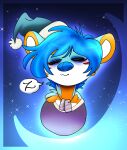  anthro arctic_wolf artsbymilky blue_hair canid canine canis clothing dog_tags eyes_closed falcon_woodwere fur hair hat headgear headwear hi_res male mammal moon multicolored_body multicolored_fur night nightgown sleeping solo sound_effects star tired wolf zzz 