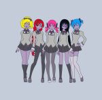  5girls akemi_homura alternate_hairstyle arms_at_sides black_hair black_hairband black_legwear black_ribbon black_skirt blonde_hair blue_eyes blue_hair braid closed_mouth contrapposto dot_nose drill_hair eyebrows_visible_through_hair eyes_visible_through_hair facing_viewer flower frown full_body glasses grey_background grey_footwear grey_legwear hair_flower hair_ornament hair_ribbon hairband hairpin hand_on_hip head_tilt high_ponytail highres juliet_sleeves kaname_madoka knees_together_feet_apart legs_apart legs_together light_smile lineup loafers long_sleeves looking_afar looking_at_viewer mahou_shoujo_madoka_magica mary_janes miki_sayaka mitakihara_school_uniform multiple_girls neck_ribbon one_eye_closed open_mouth pantyhose pink_eyes pink_hair pleated_skirt pokki_(sue_eus) puffy_sleeves purple_eyes red_eyes red_hair red_ribbon ribbon sakura_kyouko school_uniform semi-rimless_eyewear serious shoes short_twintails simple_background skirt slender_waist socks standing tareme thighhighs tomoe_mami tsurime twin_braids twin_drills twintails under-rim_eyewear v-shaped_eyebrows white_footwear white_legwear yellow_eyes 