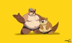  2021 absurd_res anthro belly brown_body bulge canid canine clothing duo eyes_closed hi_res lutrine male mammal moobs mustelid navel nipples overweight overweight_male raccoon_dog sad simple_background sitting smashbeaw tanuki underwear yellow_background 