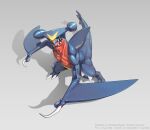  artist_name black_sclera claws colored_sclera commentary_request full_body garchomp gen_4_pokemon highres no_humans open_mouth pokemon pokemon_(creature) sharp_teeth solo spikes standing teeth tongue twarda8 watermark yellow_eyes 