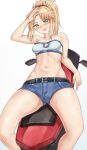  arm_on_head ass_visible_through_thighs bangs belt belt_buckle blonde_hair blush breasts breath buckle crop_top denim denim_shorts fate/grand_order fate_(series) green_eyes ground_vehicle highres mordred_(fate) mordred_(fate)_(all) motor_vehicle motorcycle navel ponytail sarhce short_shorts shorts small_breasts smirk stomach thighs tied_hair 