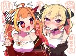  2girls ahoge bangs bare_shoulders black_choker black_jacket blonde_hair blush blush_stickers bow breast_press breasts camisole choker coco_kaine collarbone commentary_request crop_top diagonal-striped_bow dragon_girl dragon_horns dragon_tail earrings eyebrows_visible_through_hair eyes_visible_through_hair fang frilled_camisole hair_intakes heart heart_earrings heart_eyes highlights highres hololive horn_bow horns jacket jewelry kiryu_coco large_breasts long_sleeves looking_at_another looking_to_the_side medium_hair midriff mole mole_under_eye multicolored_hair multiple_girls navel off_shoulder official_alternate_costume open_clothes open_jacket open_mouth orange_hair outstretched_arms parted_lips partially_unzipped pointy_ears purple_eyes red_eyes red_jacket shirt sidelocks simple_background skin_fang sleeveless sleeveless_shirt speech_bubble streaked_hair striped striped_bow symbol_commentary tail tied_hair track_jacket translation_request upper_body virtual_youtuber white_background white_camisole yukito_(hoshizora) zipper_pull_tab 