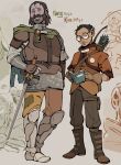  2boys alt_text arm_hair armor arrow_(projectile) black_hair book boots bow_(weapon) brown_footwear brown_gloves brown_vest cape chainmail character_name disco_elysium dungeon_meshi english_commentary facial_hair glasses gloves gnome green_cape grey_eyes harry_du_bois holding holding_sword holding_weapon jacket kim_kitsuragi male_focus multiple_boys mustache patch pencil_mustache pouch quiver short_hair sword thigh_pouch u3pxx vest weapon 