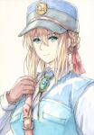  1girl blonde_hair blue_eyes blue_headwear blue_jacket braid brooch brown_gloves closed_mouth french_braid gloves hair_ribbon hand_up hat highres jacket jewelry long_sleeves looking_at_viewer omachi_(slabco) red_ribbon ribbon short_hair simple_background smile upper_body violet_evergarden violet_evergarden_(character) white_background 