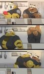  2021 anthro blush brown_body brown_fur comic detailed_background duo eyes_closed felid fur hi_res hyaku_(artist) kemono kissing kitchen kitchen_utensils male male/male mammal musclegut overweight overweight_male pantherine suid suina sus_(pig) tiger tools wild_boar yellow_body yellow_fur 