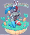  1girl animal_ears asymmetrical_legwear bangs bare_shoulders black_leotard blue_eyes blue_hair blue_legwear breasts bunny_ears carrot cleavage colored_skin easter_egg egg english_text fake_animal_ears full_body grey_background grey_skin hands_up heterochromia highres kneeling large_breasts leotard long_hair multicolored_hair nintendo_switch open_mouth original personification red_eyes red_hair red_legwear shadow smile solo supersatanson thighhighs two-tone_hair v watermark web_address wrist_cuffs 