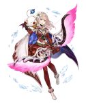  1girl :d bow_(weapon) breasts cape fina_(ff_be) final_fantasy final_fantasy_brave_exvius fingerless_gloves flower full_body gloves hair_flower hair_ornament holding holding_bow_(weapon) holding_weapon ji_no large_breasts looking_at_viewer medium_hair moogle official_art open_mouth pink_hair red_eyes red_skirt sinoalice skirt smile thighhighs transparent_background upper_teeth weapon 