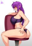  1girl absurdres ass blush borrowed_character bra braid braided_ponytail breasts chair gatli_(normi) hand_on_own_ass highres jmg large_breasts original panties ponytail presenting purple_bra purple_hair purple_panties sharp_teeth sideboob signature sitting sitting_backwards stool teeth thighs underwear 