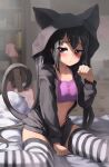  1girl animal_ears animal_hood bed_sheet between_legs black_hair black_hoodie blurry breasts cat_hood cat_tail commission crop_top depth_of_field fake_animal_ears frown hand_up highres hood hoodie k-on! long_hair long_sleeves looking_at_viewer melaton nakano_azusa no_pants on_bed open_clothes open_hoodie paw_pose pillow purple_shirt red_eyes shirt sitting skeb_commission small_breasts solo stomach striped striped_legwear tail tail_raised thighhighs twintails very_long_hair wariza 