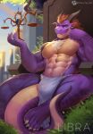  2021 abs anthro arm_support asian_clothing biceps blue_eyes bulge chest_tuft claws clothed clothing detailed_bulge dragon east_asian_clothing feet finger_claws flaccid fundoshi genital_outline genitals hair hi_res holding_object horn japanese_clothing libra_(symbol) male multicolored_body multicolored_scales muscular muscular_anthro muscular_male open_mouth open_smile orange_body orange_hair orange_scales pecs penis penis_outline plant purple_body purple_scales quads scale_(device) scales scalie shan_yao_jun sitting skimpy smile solo spikes spikes_(anatomy) teeth text toe_claws translucent translucent_clothing tree triceps tuft two_tone_body two_tone_scales underwear vein veiny_muscles 
