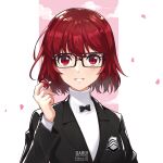  1girl alternate_hairstyle artist_name blush daru glasses highres jacket looking_at_viewer persona persona_5 persona_5_the_royal petals red_eyes red_hair short_hair shuujin_academy_uniform simple_background smile solo twitter_username yoshizawa_kasumi 