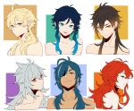  6+boys absurdres aether_(genshin_impact) ahoge bangs black_hair blonde_hair blue_eyes blue_hair brown_hair closed_mouth collarbone dark_skin dark_skinned_male diluc_ragnvindr earrings eyepatch genshin_impact gradient_hair green_eyes grey_hair hair_between_eyes highres jewelry kaeya_alberich long_hair looking_at_viewer male_focus multicolored_hair multiple_boys open_mouth otoko_no_ko razor_(genshin_impact) red_eyes red_hair simple_background single_earring smile sushisalmon95 tassel tassel_earrings tongue tongue_out venti_(genshin_impact) white_background yellow_eyes zhongli_(genshin_impact) 