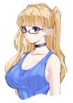  1girl bangs black-framed_eyewear black_choker blonde_hair blue_eyes blunt_bangs breasts choker cleavage collarbone glasses highres large_breasts lina_(michihasu) long_hair looking_away michihasu original semi-rimless_eyewear simple_background sketch solo under-rim_eyewear upper_body white_background 