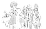  2boys 2girls :d animal_ears antlers arknights bag bangs bare_shoulders cowboy_shot deer_ears executor_(arknights) eyebrows_visible_through_hair halo highres holding_hands jacket long_hair long_sleeves monochrome multiple_boys multiple_girls open_clothes open_jacket open_mouth pants poni_(poni_arknights) shirt short_hair simple_background smile standing texas_(arknights) thorns_(arknights) tsukinogi_(arknights) white_background wolf_ears 