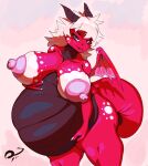  alfielofa anthro belly big_belly big_breasts breasts dragon female hair hand_on_stomach hi_res huge_breasts looking_at_viewer overweight overweight_anthro overweight_female pink_body pink_scales pink_sclera scales slightly_chubby solo white_hair 