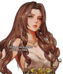  1girl aerith_gainsborough aerith_gainsborough_(white_floral_dress) bare_shoulders breasts brown_hair character_name cleavage dress dress_flower final_fantasy final_fantasy_vii final_fantasy_vii_rebirth final_fantasy_vii_remake flower gold_trim green_eyes hair_over_shoulder long_hair looking_at_viewer medium_breasts multiple_necklaces official_alternate_costume parted_bangs parted_lips rose sidelocks solo strapless strapless_dress upper_body vhyrel wavy_hair web_address white_background yellow_flower yellow_rose 