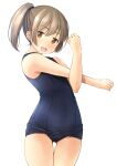  1girl ass_visible_through_thighs blue_swimsuit brown_eyes brown_hair commentary_request cowboy_shot flat_chest highres long_hair looking_at_viewer old_school_swimsuit original ponytail school_swimsuit shibacha simple_background smile solo standing stretch swimsuit thigh_gap thighs white_background 