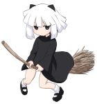  1girl animal_ears black_dress black_eyes broom cat_ears dress flying keke_(kirby) kirby&#039;s_dream_land_3 kirby_(series) kirby_64 paskmel shoes simple_background socks solo white_background white_hair witch 