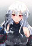  1girl 3_(sanyako1) :d absurdres arknights arm_cuffs ascot bangs bare_shoulders black_background black_neckwear black_shirt blush breasts commentary_request elite_ii_(arknights) gradient gradient_background hair_between_eyes hand_in_hair hand_up highres huge_filesize long_hair looking_at_viewer medium_breasts no_hat no_headwear open_mouth red_eyes shirt silver_hair skadi_(arknights) sleeveless sleeveless_shirt smile solo upper_body very_long_hair white_background 