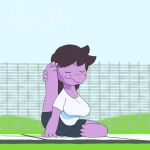  1:1 absurd_res anthro barefoot big_breasts bottomwear breasts brown_hair clothed clothing deltarune eyes_closed feet female fence fully_clothed gym_bottomwear gym_clothing gym_shorts hair hi_res holding_leg kcrtp leg_behind_head lizard messy_hair non-mammal_breasts nostrills outside peaceful purple_body purple_scales reptile scales scalie shirt shorts snout solo sport sportswear susie_(deltarune) toes topwear video_games white_clothing white_shirt white_topwear yoga 