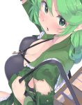  1girl angry black_tank_top blush box breasts camouflage camouflage_jacket chest_harness cleavage embarrassed from_above green_eyes green_hair green_jacket harness jacket key large_breasts looking_at_breasts medium_hair puuakachan solo sweatdrop tank_top torn_clothes torn_jacket touhou yamashiro_takane 