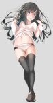  1girl asashio_(kancolle) black_hair black_legwear blue_eyes blush brown_footwear collared_shirt comah eyebrows_visible_through_hair full_body grey_background kantai_collection loafers long_hair long_sleeves navel open_mouth panties shirt shoes simple_background solo thighhighs underwear white_panties white_shirt 