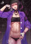  1girl after_fellatio after_oral alternate_costume armband ass_visible_through_thighs black_hair black_panties breasts brick_wall cameltoe chain_necklace choker cleavage cum cum_in_mouth cum_on_tongue gonster han_juri hand_wraps highres jacket jewelry looking_at_viewer multicolored_hair navel necklace no_pants official_alternate_costume open_mouth panties ponytail purple_hair purple_jacket sarashi silk solo spider_web spiked_choker spikes steaming_body stomach stray_pubic_hair street_fighter street_fighter_v sweat thigh_gap toned tongue tongue_out two-tone_hair underwear 