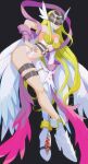  1girl angel_wings angewomon black_background blonde_hair breasts cleavage digimon digimon_(creature) elbow_gloves gloves hand_on_hip hand_on_own_thigh hexed highres leaning_forward long_hair mask medium_breasts single_glove smile solo symbol_commentary thigh_strap very_long_hair white_footwear white_gloves wings 