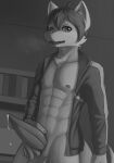  anthro bodily_fluids clothing cum cum_drip dragon dripping erection fur furred_dragon genital_fluids genitals hi_res looking_at_viewer male monochrome penis slit solo unit_no04 