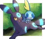  border closed_eyes commentary_request fang gen_2_pokemon gen_8_pokemon grass highres looking_back lying no_humans nullma on_stomach open_mouth outside_border pokemon pokemon_(creature) shiny shiny_skin signature smile sobble starter_pokemon tongue umbreon white_border 