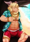 5keys_x86 abs anthro azazel_(tas) blonde_hair bottomwear bovid bulge caprine chain clothed clothing hair harness hi_res horn looking_at_viewer male mammal muscular muscular_anthro muscular_male open_clothing open_topwear red_bottomwear red_clothing solo swimwear tokyo_afterschool_summoners topwear video_games 
