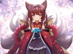  +_+ 1girl amagi-chan_(azur_lane) animal_ears azur_lane ball bangs black_legwear blunt_bangs blurry brown_hair commentary_request depth_of_field drooling eyebrows_visible_through_hair eyes_visible_through_hair fox_ears fox_girl fox_tail hair_ribbon holding holding_ball kyuubi long_hair looking_at_viewer marekamico multiple_tails off-shoulder_kimono pantyhose parted_lips purple_eyes ribbon rope shimenawa sidelocks solo symbol-shaped_pupils tail thick_eyebrows twintails wide_sleeves 