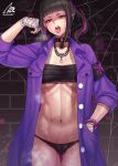  1girl alternate_costume armband ass_visible_through_thighs black_hair black_panties breasts brick_wall cameltoe chain_necklace choker cleavage gonster han_juri hand_in_pocket hand_wraps highres jacket jewelry looking_at_viewer multicolored_hair navel necklace no_pants official_alternate_costume open_mouth panties ponytail purple_hair purple_jacket sarashi silk solo spider_web spiked_choker spikes steaming_body stomach street_fighter street_fighter_v sweat thigh_gap toned tongue tongue_out two-tone_hair underwear 