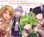  +++ 4girls ahoge black_hair blonde_hair blue_eyes bow bowtie breasts cardigan claw_pose cleavage collared_shirt commentary_request drill_hair ear_piercing earrings eyeball_hair_ornament eyebrows_visible_through_hair eyes_visible_through_hair fake_nails green_eyes green_hair grimace gyaru hair_ornament hairclip hand_on_another&#039;s_shoulder highres himekawa_(shashaki) hood hoodie jewelry kinjyou_(shashaki) kogal lightning_bolt_earrings long_hair looking_at_viewer loose_bowtie loose_clothes loose_shirt mole mole_under_eye multicolored multicolored_hair multicolored_nails multiple_earrings multiple_girls one_eye_closed original osanai_(shashaki) otomore_(shashaki) piercing pink_hair pointing purple_eyes school_uniform scrunchie shashaki shirt short_hair side_ponytail sidelocks silver_hair skirt smile thick_eyebrows translation_request twin_drills twintails two-tone_hair v-neck white_background yellow_eyes 