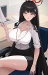  1girl absurdres black_hair blue_archive blush breasts chair cleavage computer crossed_legs hair_ornament hairclip halo highres huge_breasts laptop long_hair looking_at_viewer naze236 open_mouth pencil_skirt red_eyes ringed_eyes rio_(blue_archive) sitting skirt solo very_long_hair 