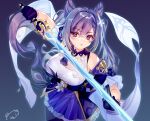  breasts cleavage cropped genshin_impact gloves gradient keqing_(genshin_impact) long_hair pantyhose purple_eyes purple_hair signed skirt sword twintails weapon xin_(moehime) 