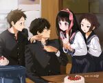  2boys 2girls birthday_cake black_sailor_collar black_skirt brown_eyes cake chitanda_eru cowboy_shot dated food fukube_satoshi gakuran green_eyes highres hyouka ibara_mayaka kamiyama_high_school_uniform long_hair long_sleeves mery_(yangmalgage) multiple_boys multiple_girls oreki_houtarou pink_ribbon purple_eyes red_eyes ribbon sailor_collar school_uniform short_hair skirt strawberry_shortcake symbol_commentary table 