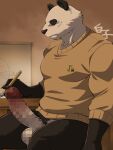  2021 3:4 anthro balls beastars black_sclera bottomless censored clothed clothing erection genitals giant_panda gouhin hi_res holding_object humanoid_genitalia humanoid_penis ineffective_censorship inside male mammal pencil_(object) penis pixelated pubes scar shirako shirt sitting solo topwear ursid 