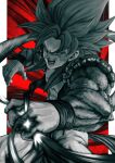  1boy abs bangs biceps brown_fur clenched_hand dragon_ball dragon_ball_gt emphasis_lines fighting fusion gogeta greyscale highres male_focus metamoran_vest monkey_boy monkey_tail monochrome motion_blur muscular muscular_male no_nipples open_mouth pants punching red_hair screaming spiked_hair studio_viga super_saiyan super_saiyan_4 tail white_pants 