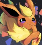  blurry blush closed_mouth commentary_request fang fire_stone flareon gen_1_pokemon highres looking_at_viewer no_humans nullma pokemon pokemon_(creature) purple_eyes smile solo toes yellow_fur 